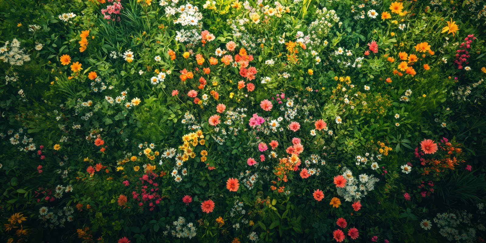 Vibrant wildflower meadow filled with a variety of colors in full bloom during a sunny day in spring